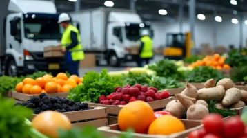 Produce in wooden boxes with trucks in the background.